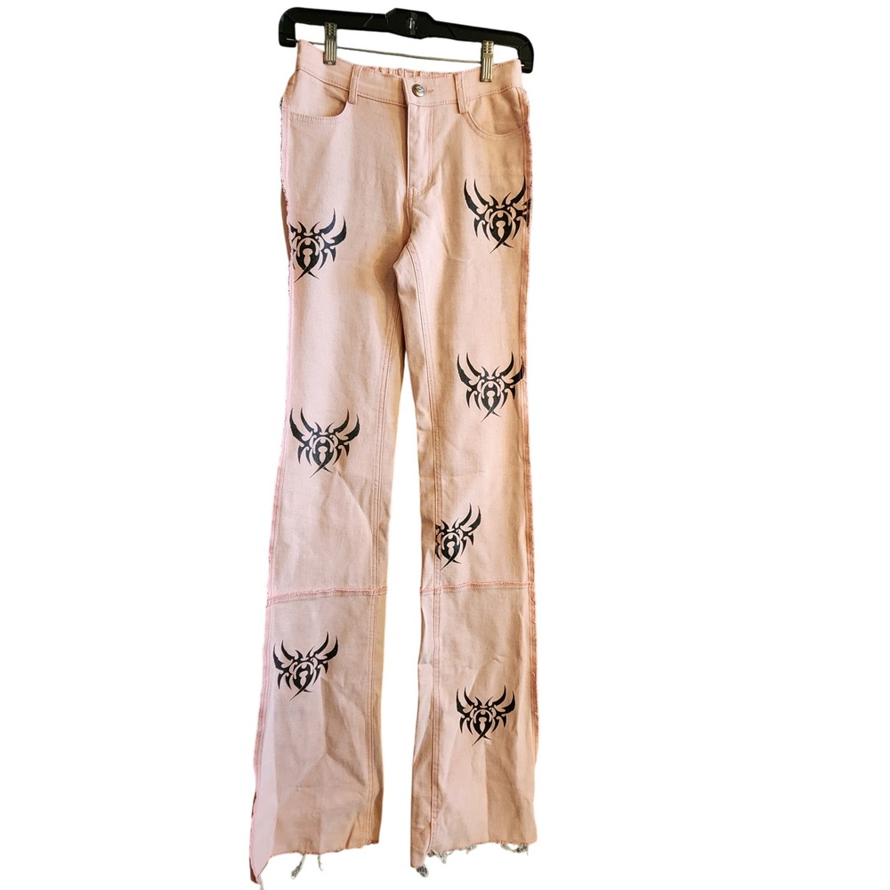 Handmedowns Flawless Flare Jeans Womens Small Pink Excellent Tribal Graphic Y2K